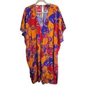 Modcloth Orange Floral Print Kimono Maxi Dress Womens L V-Neck Pullover